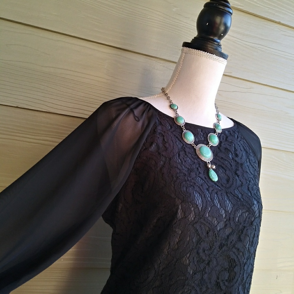 Coldwater Creek Black Lace Dress Sheer Sleeve 14 - Picture 3 of 8